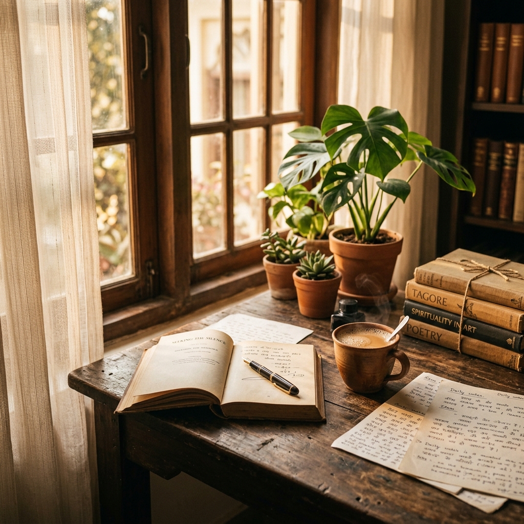 A warm writing desk with books, chai, and morning light